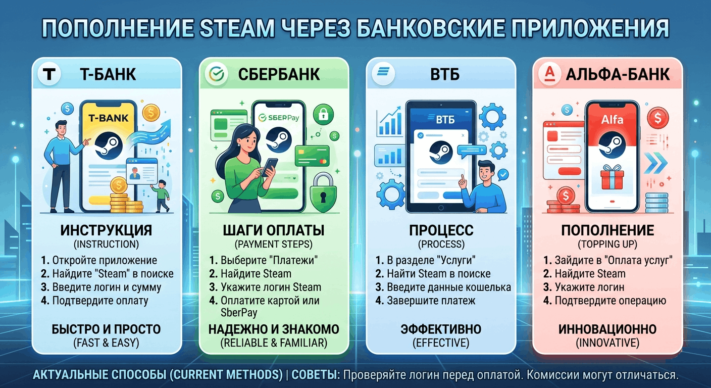 Пополнить Steam через банковские приложения