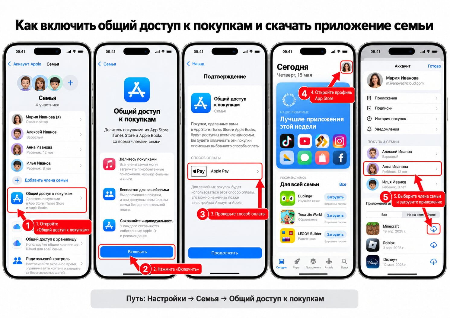 Как включить общие покупки Apple